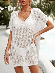 Crochet Side Split Cover Up Dress Short Sleeve Boho Beach Coverup