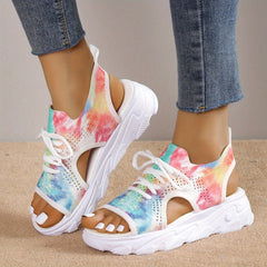 Women's Tie Dye Knit Sports Sandals Lace Up Peep Toe Slingback Shoes