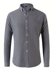 Solid Men's Casual Button Up Long Sleeve Shirt With Pocket