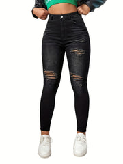 Ripped Skinny Jeans Slash Pockets Distressed High Waist Slim Fit