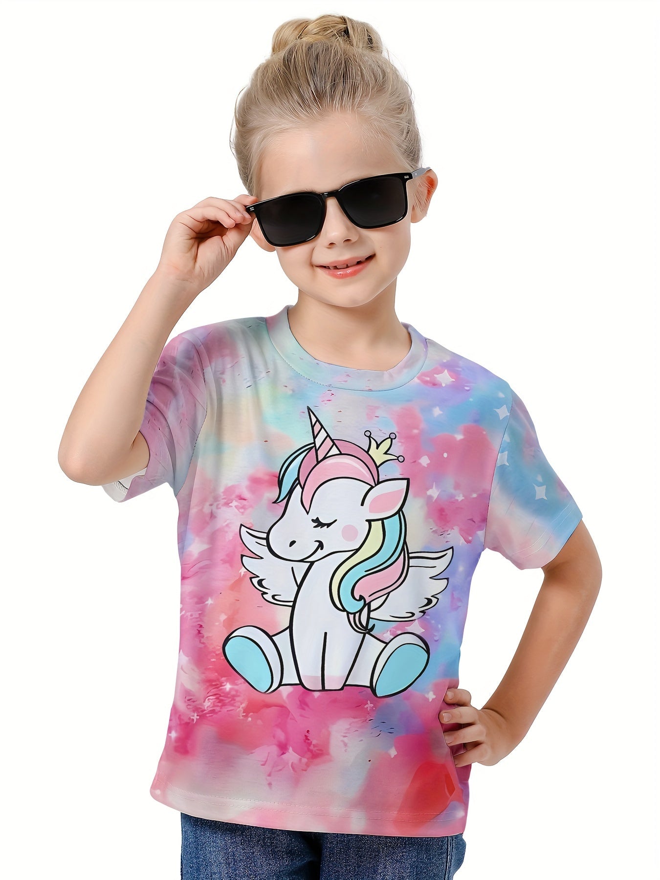 3D Tie Dye Unicorn Graphic Crew Neck T-shirt Girls Casual Tops