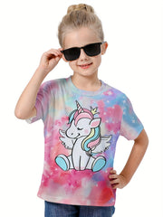 3D Tie Dye Unicorn Graphic Crew Neck T-shirt Girls Casual Tops