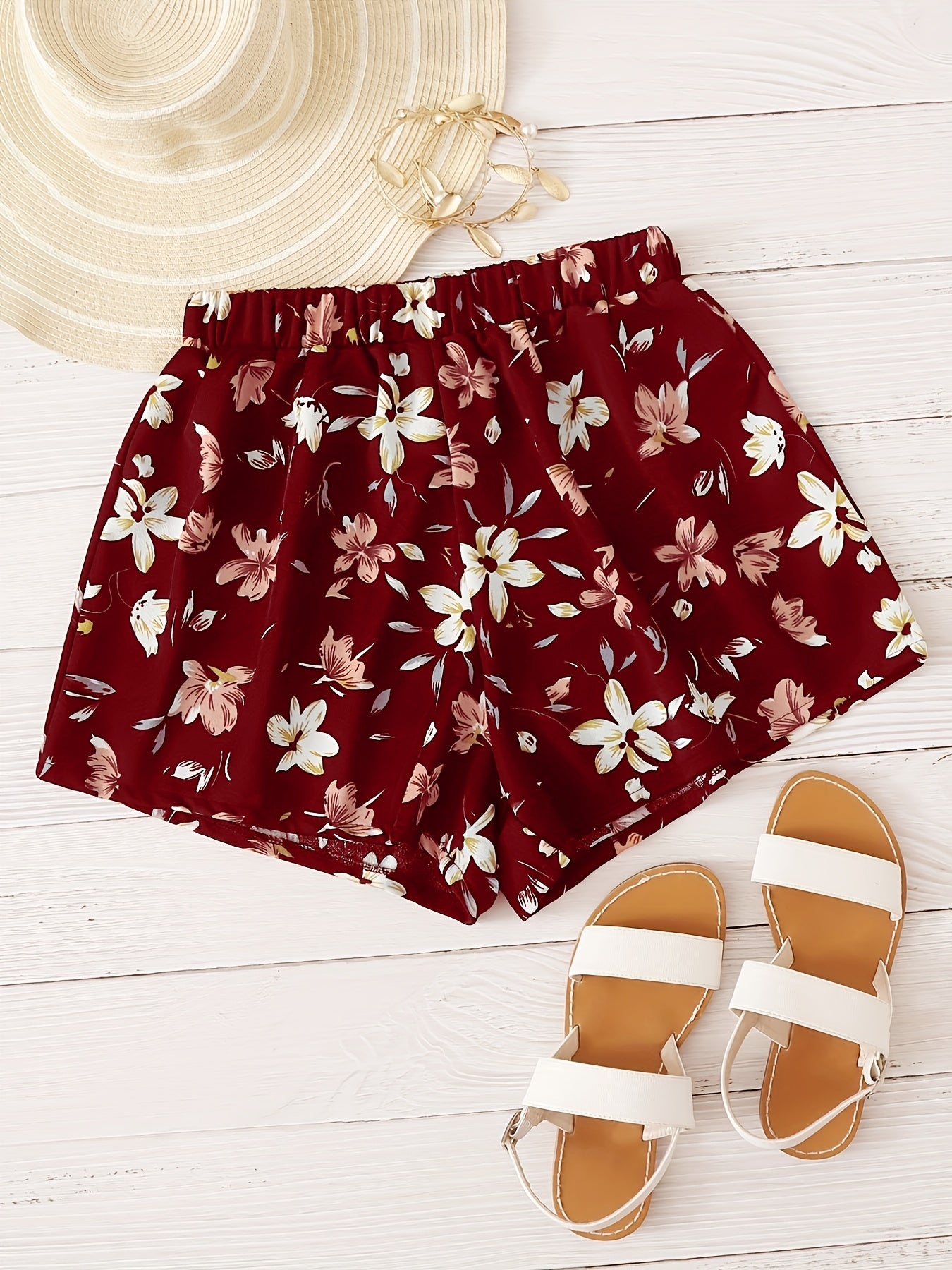 Floral Print Elastic Waist Shorts Boho Shorts For Spring & Summer Women's