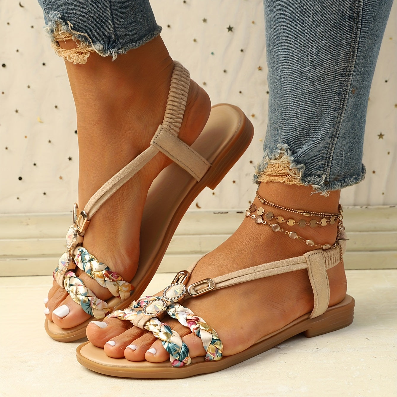 Women's Ethnic Style Braided Sandals Slip On Outdoor Sandals