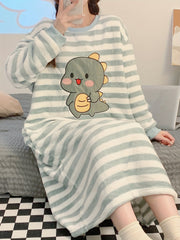 Cartoon Dinosaur Print NightDress Long Sleeve Crew Neck Fuzzy Pajama Dress