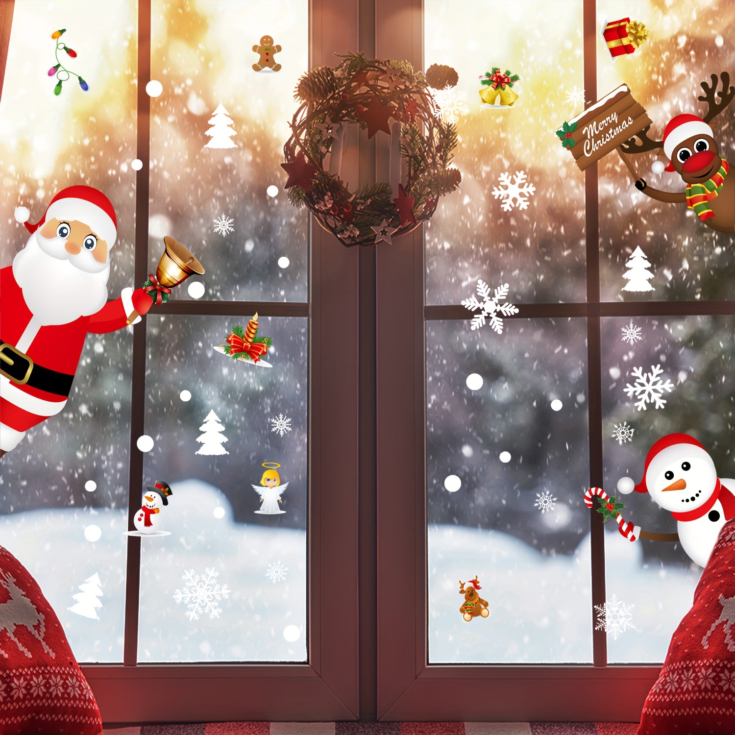 Christmas Window Clings Stickers Santa Snowman Deer Snowflakes Windows Decals