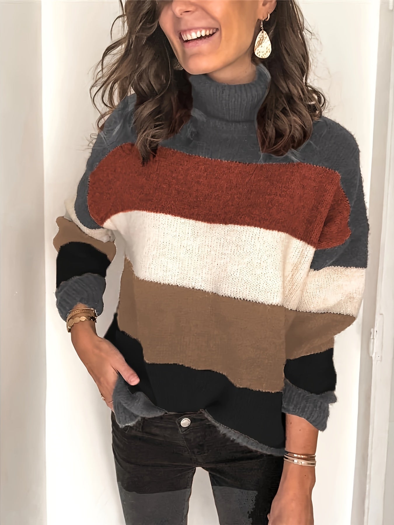 Casual Sweater Women's Plus Colorblock Long Sleeve Turtle Neck Jumper
