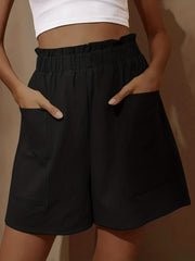 Boho Smocked Shorts Elastic High Waist Ruffle Trim with Pockets