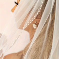Hand Beaded Bridal Veil with Pearls Wedding Veil Fingertip Length