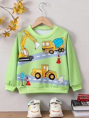 Cartoon Excavator Car Print Boys Pullover Sweatshirt