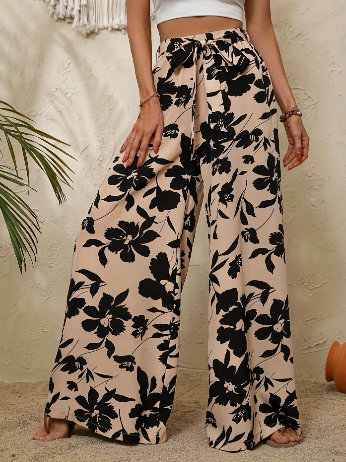 Flower Print Wide Leg Pants Tie Waist Casual Loose Spring Fall