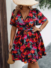 Plus Floral Print Butterfly Sleeve Surplice Neck Mini Dress