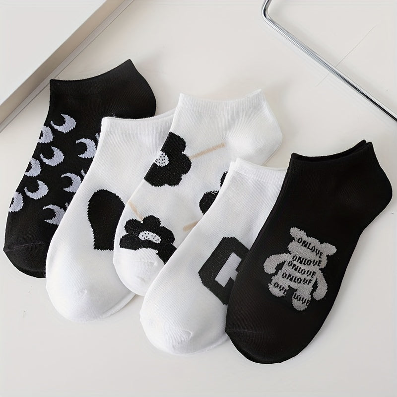 5 Pairs Letter & Floral Print Low Cut Socks for Women