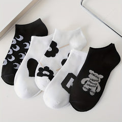 5 Pairs Letter & Floral Print Low Cut Socks for Women