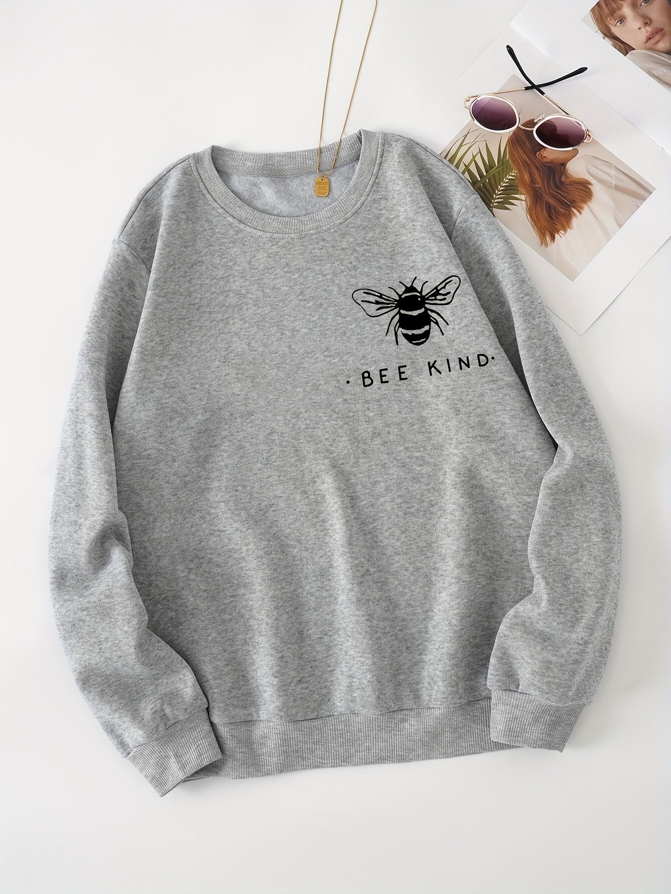 Bee Printed Warm Sports Sweatshirts Long Sleeve Round Neck Casual Pullover