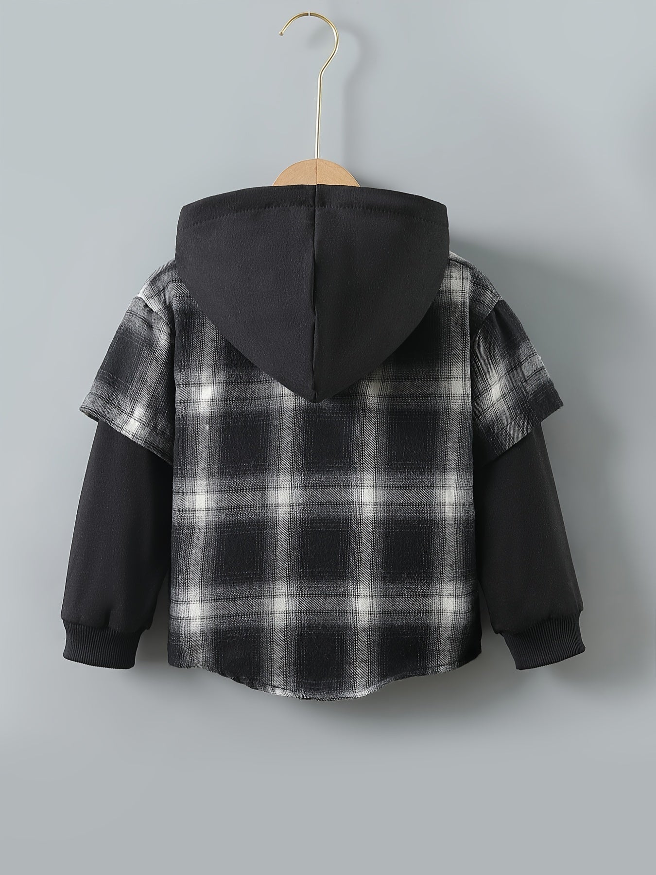 Boys Plaid Hoodie Button Long Sleeve Patchwork Jacket Top