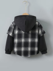 Boys Plaid Hoodie Button Long Sleeve Patchwork Jacket Top