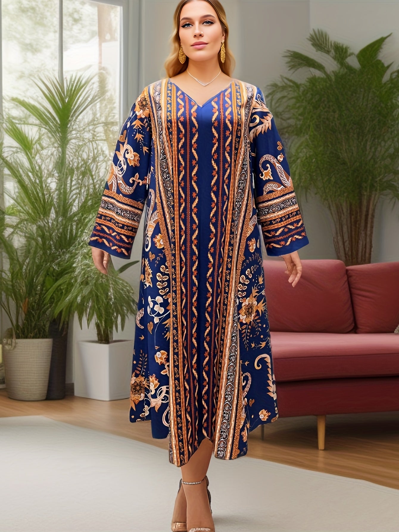 Women's Plus Tribal Print V Neck Long Sleeve Loose Casual Maxi Dress