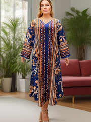 Women's Plus Tribal Print V Neck Long Sleeve Loose Casual Maxi Dress