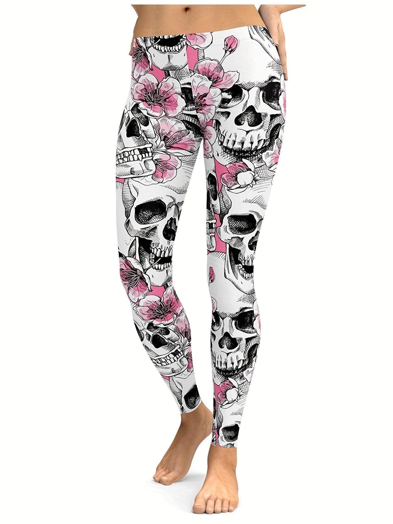 Floral & Skull Print Skinny Leggings Women's Clothing