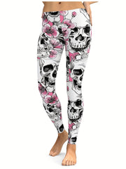 Floral & Skull Print Skinny Leggings Women's Clothing