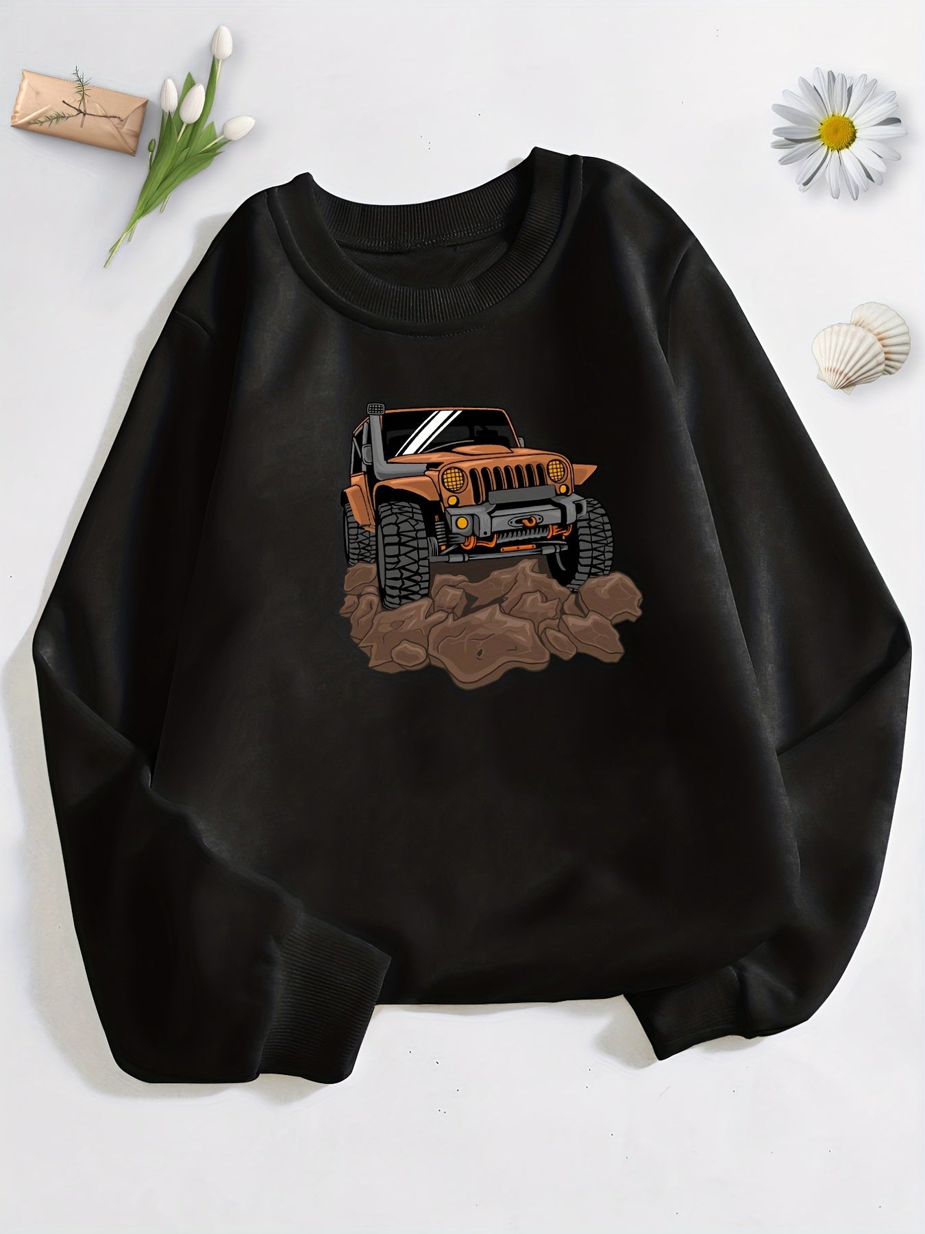 Car Print Boys Casual Pullover Sweatshirt Long Sleeve Crew Neck Tops