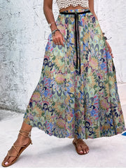 Floral Print Drawstring Skirt High Waist Pleated Casual Style