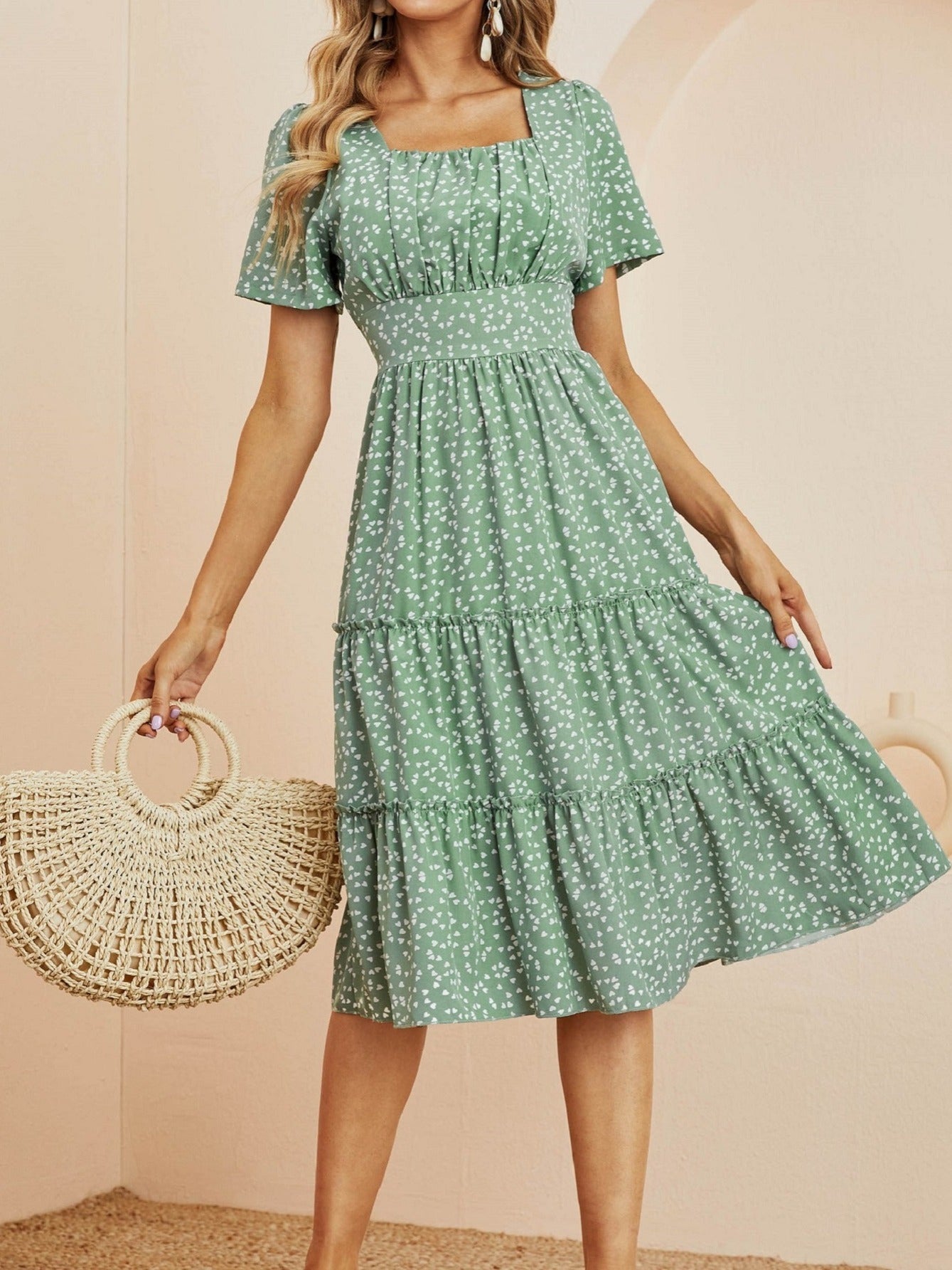 Heart Print Midi Dress Square Neck Drop Shoulder A Line Dress