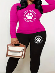 Women's Paw & Slogan Print Top & Leggings Two Piece Set