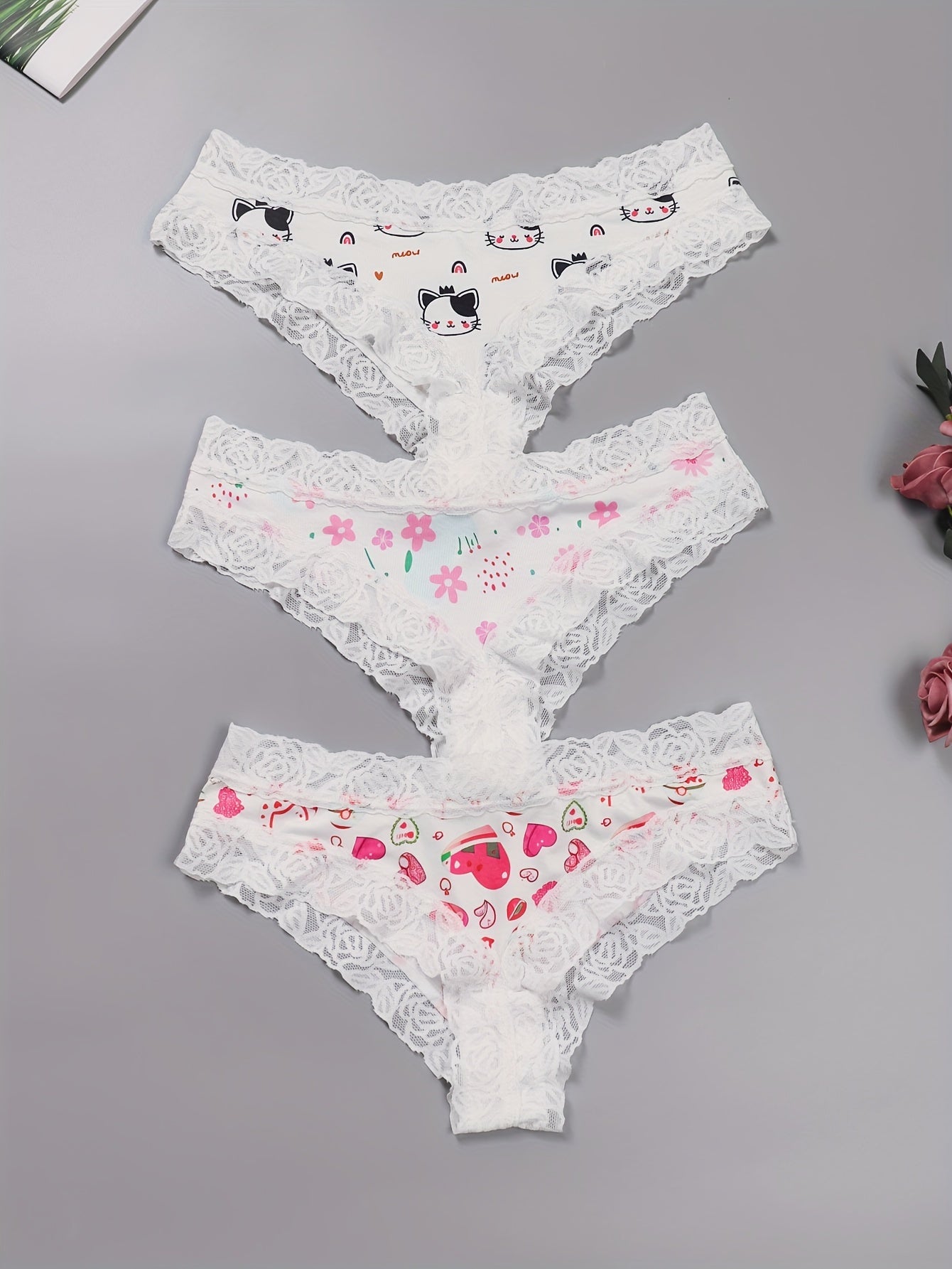 3 Pack Plus Size Cheeky Panties - Floral & Heart & Cat Print Lace Trim