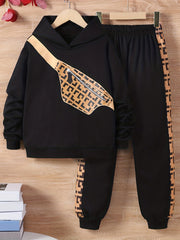 Boys 2pcs Hoodie & Pants Crossbody Bag Print Sweatshirt Casual Kids Clothes