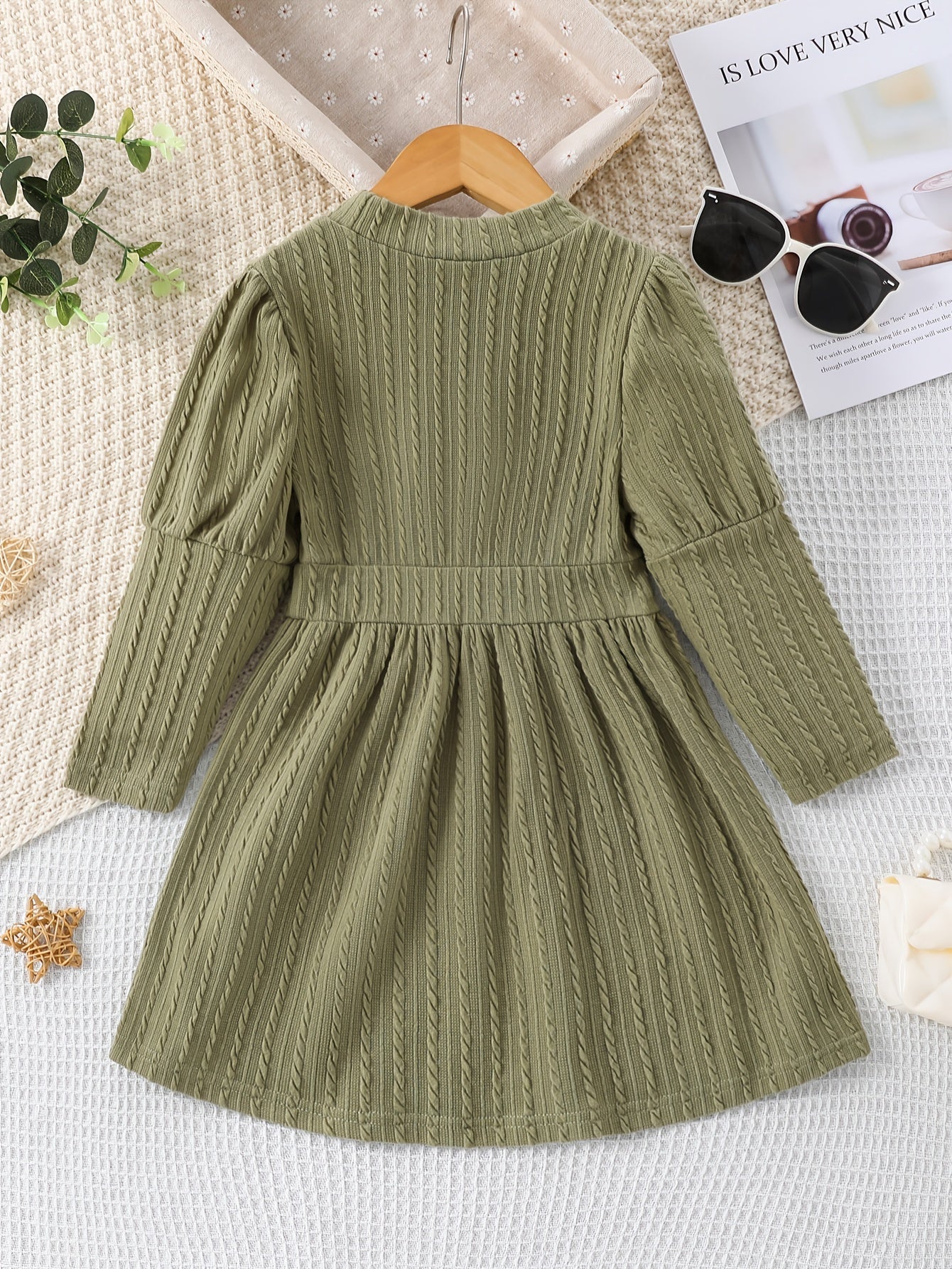 Girl Cable Textured Long Sleeve Casual Dress