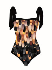 Geometric Print Tie Shoulder One Piece Swimsuit & Side Knot Skirt Tankini Set