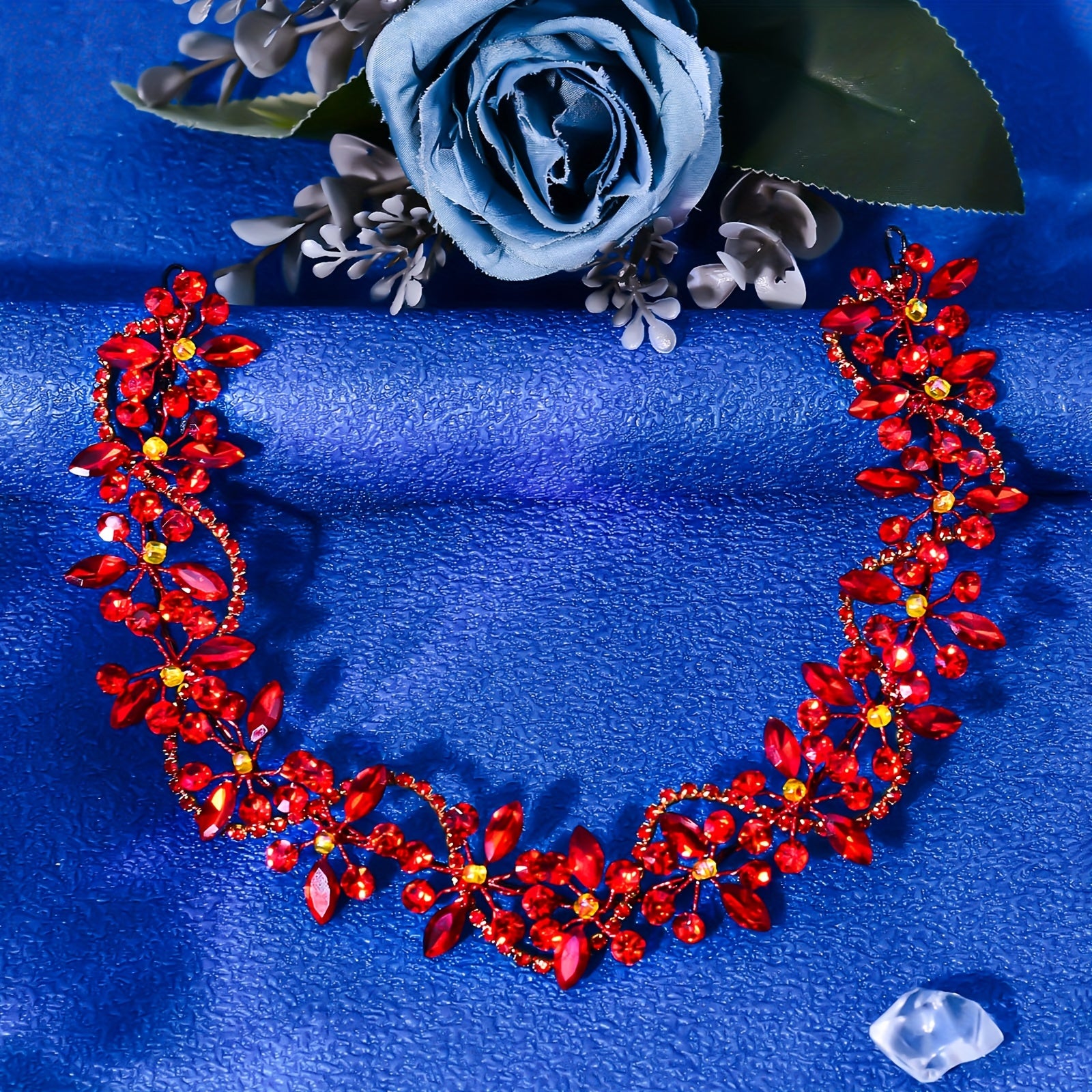 Vintage Red Rhinestone Bridal Headband for Women Floral Sparkling Accents