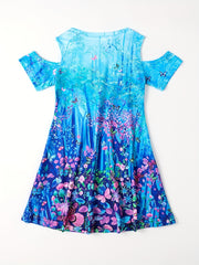 Girls Dreamy Forest Cold Shoulder Dress for Summer Party