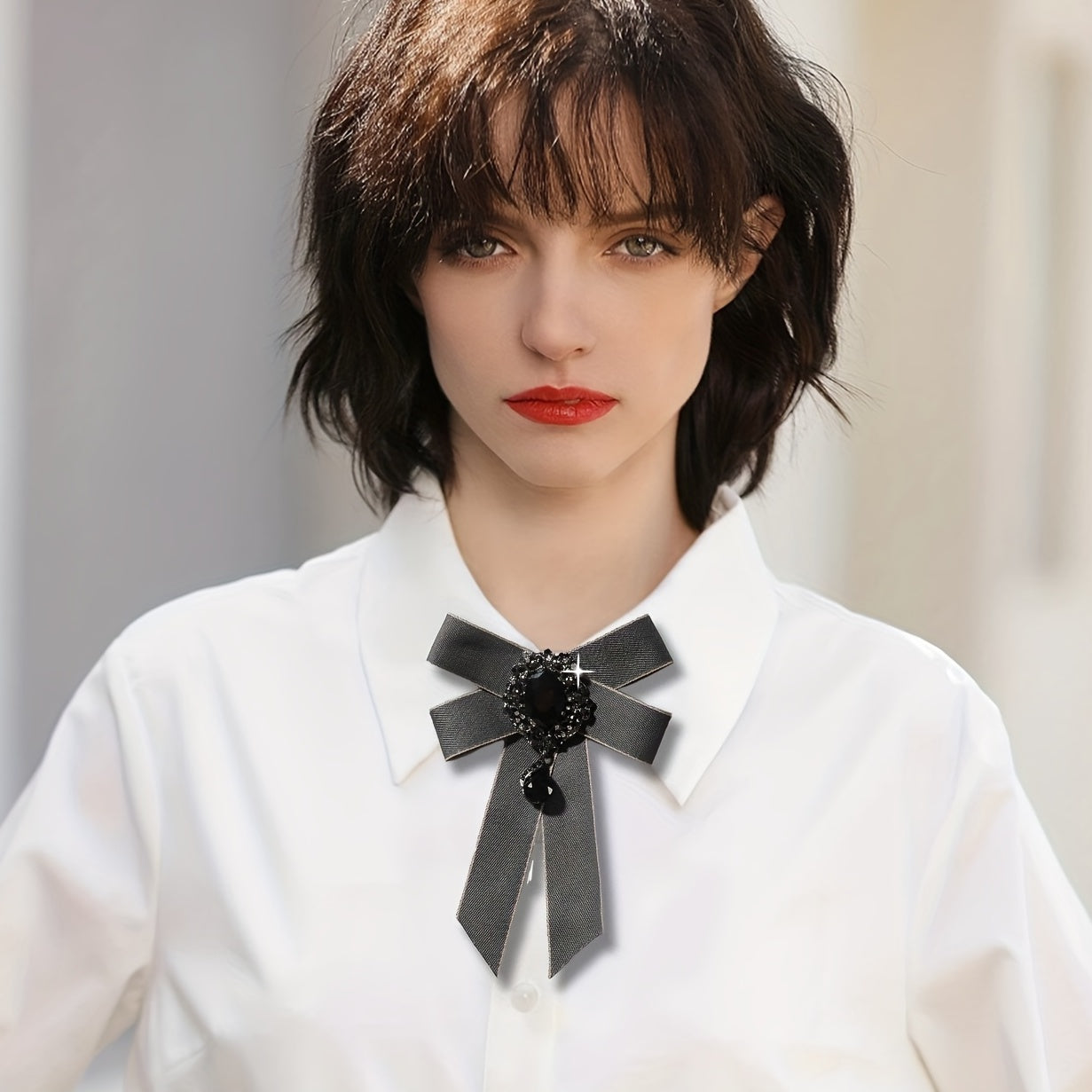 Crystal Pendant Gray Bow Tie Pre-tied Necktie for Women