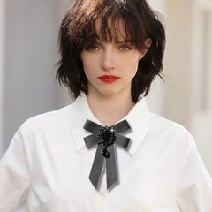 Crystal Pendant Gray Bow Tie Pre-tied Necktie for Women