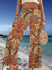 Paisley Print Wide Leg Pants Boho Elastic Waist Long Length Pants