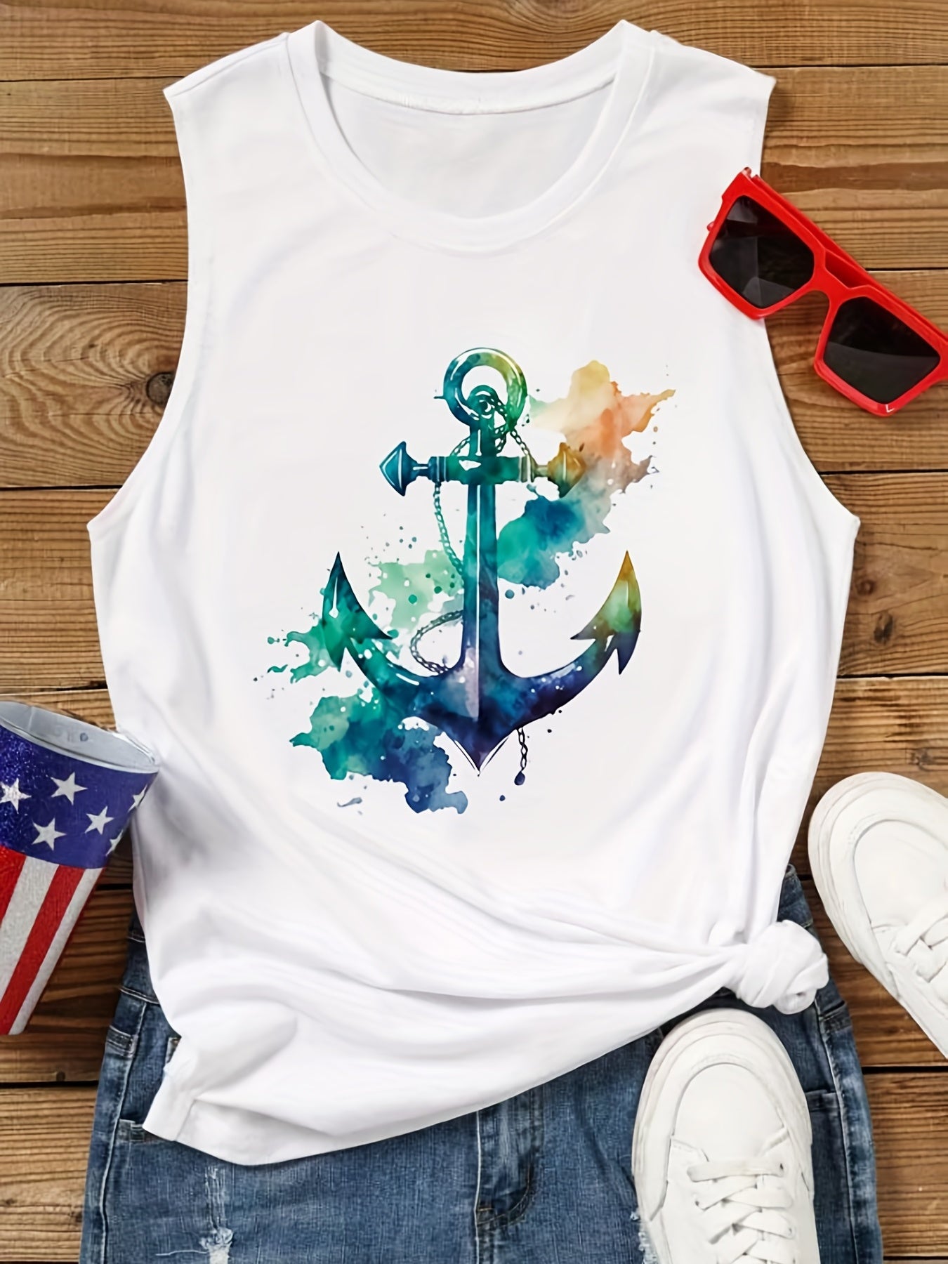 Watercolor Anchor Print Tank Top Sleeveless Summer Women's Top