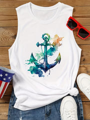 Watercolor Anchor Print Tank Top Sleeveless Summer Women's Top
