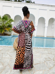 Boho Cover Up Women's Plus Leopard Print V Neck Split Dress