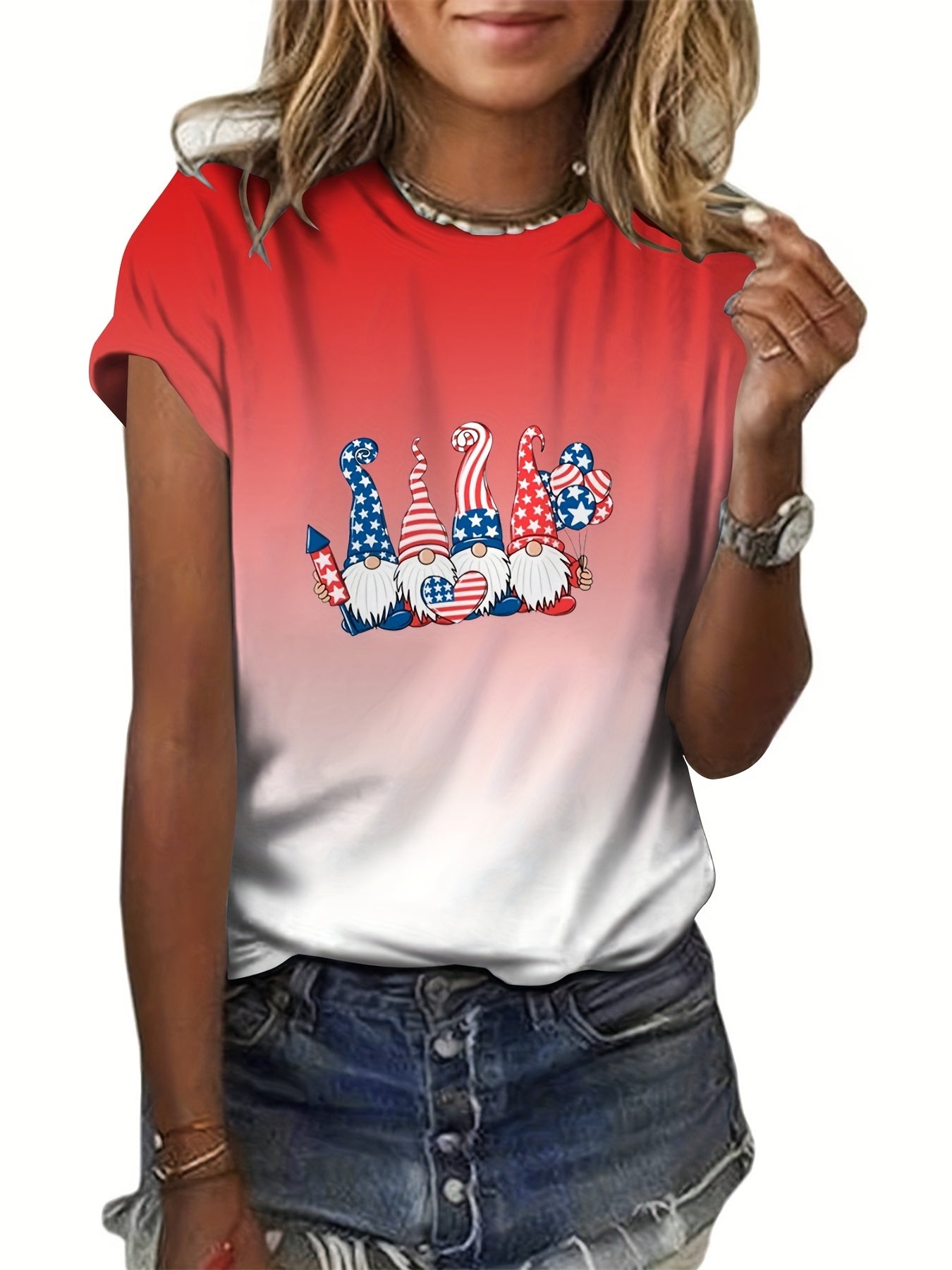 Star & Stripe Pattern Ombre Crew Neck T-Shirt Summer Tee Women's Clothing