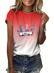 Star & Stripe Pattern Ombre Crew Neck T-Shirt Summer Tee Women's Clothing