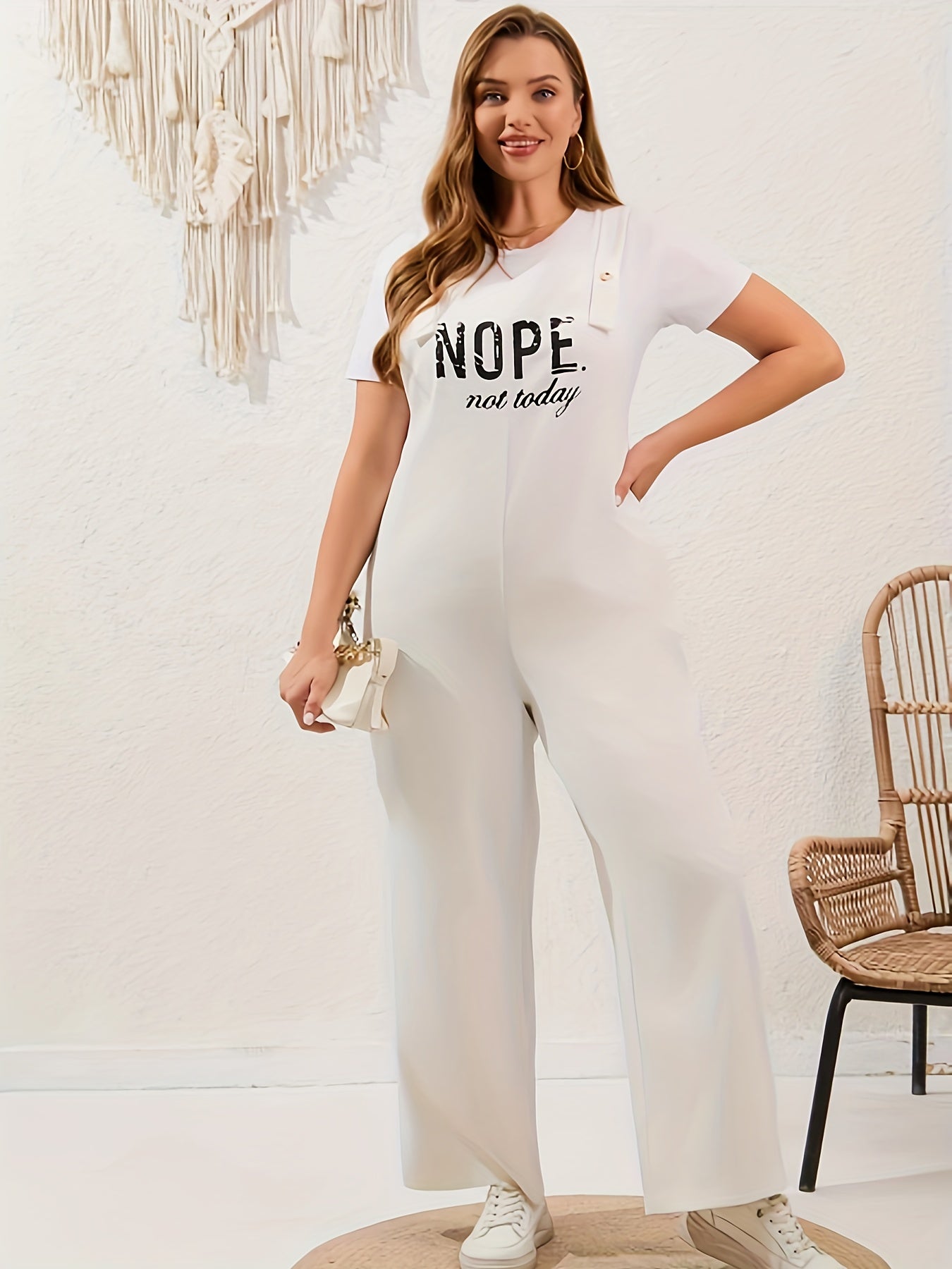 Plus Size Letter Print Wide Leg Jumpsuit