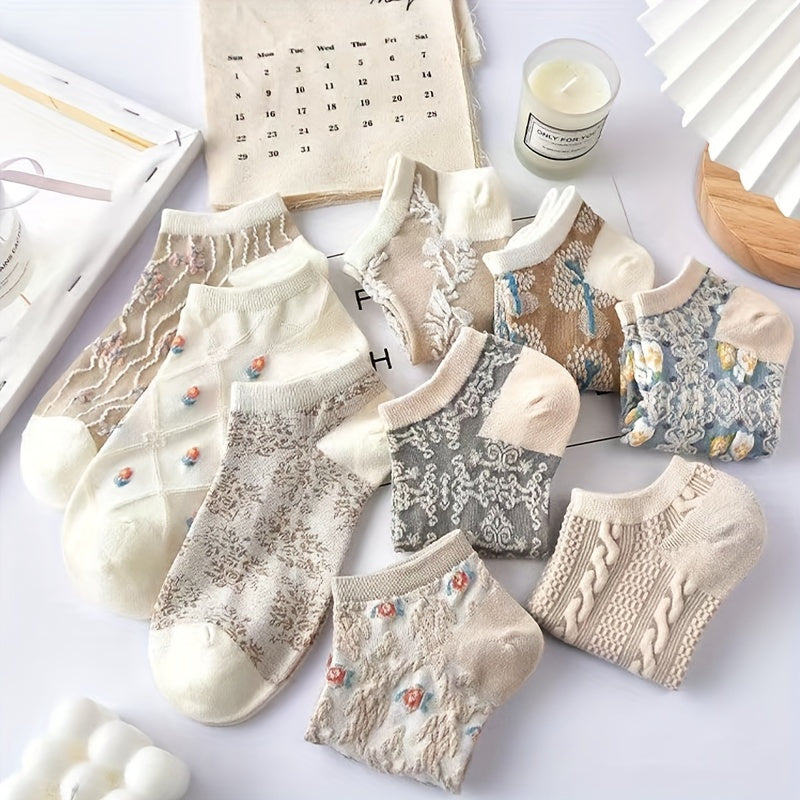 9 Pairs Floral Print Low Cut Ankle Socks Retro Style Soft & Lightweight
