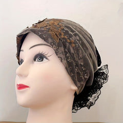 Flower Embroidery Turban Cap Faux Pearl Decor Lace Beanie Ramadan Head Wrap