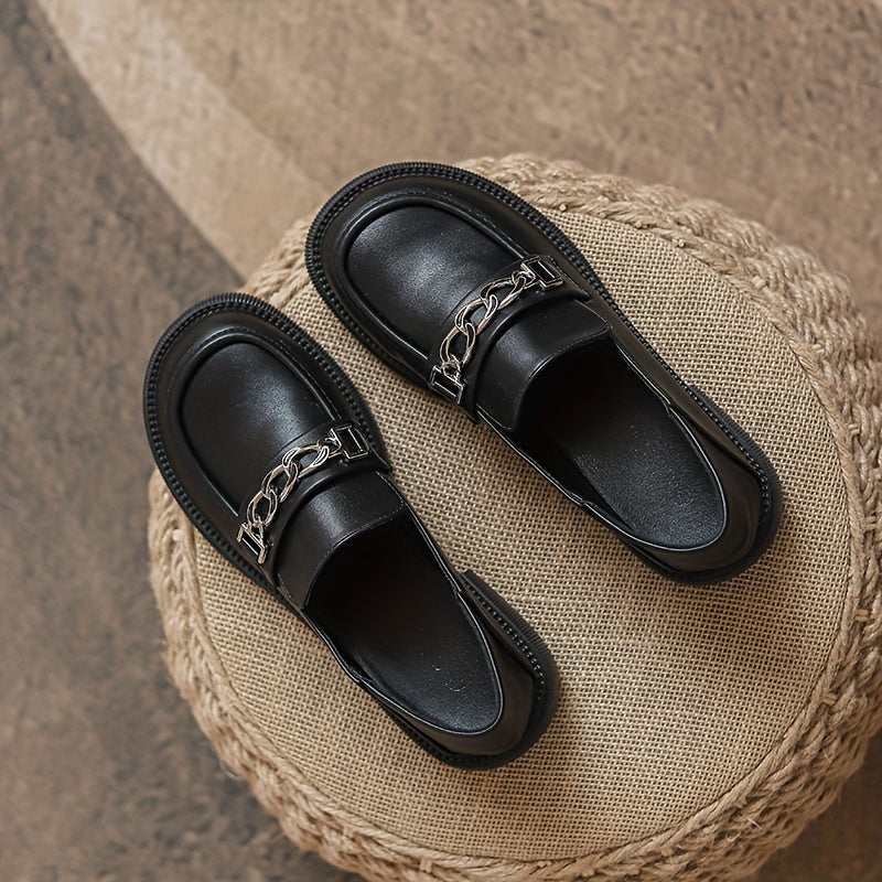 Metallic Chain Chunky Heel Loafers British Style Slip On Shoes