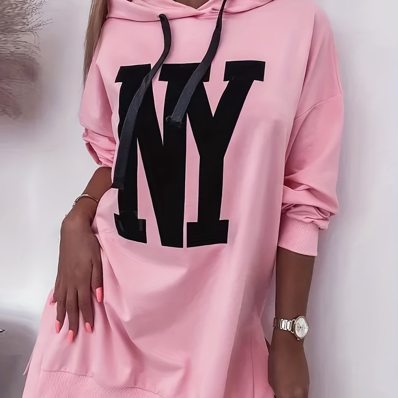 Letter Print Split Side Hoodie Casual Long Sleeve Drawstring Hoodies Sweatshirt