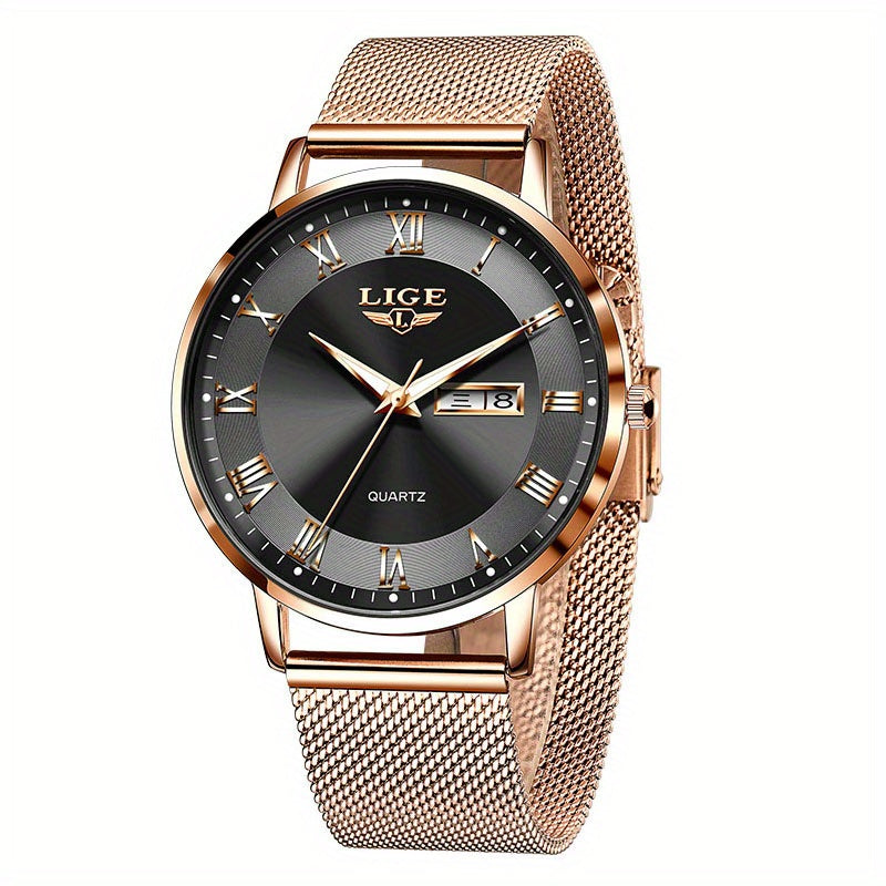 LIGE Rose Gold Ladies Watch Stainless Steel Mesh Bracelet Waterproof Quartz
