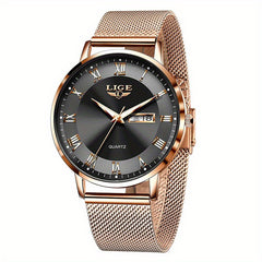 LIGE Rose Gold Ladies Watch Stainless Steel Mesh Bracelet Waterproof Quartz